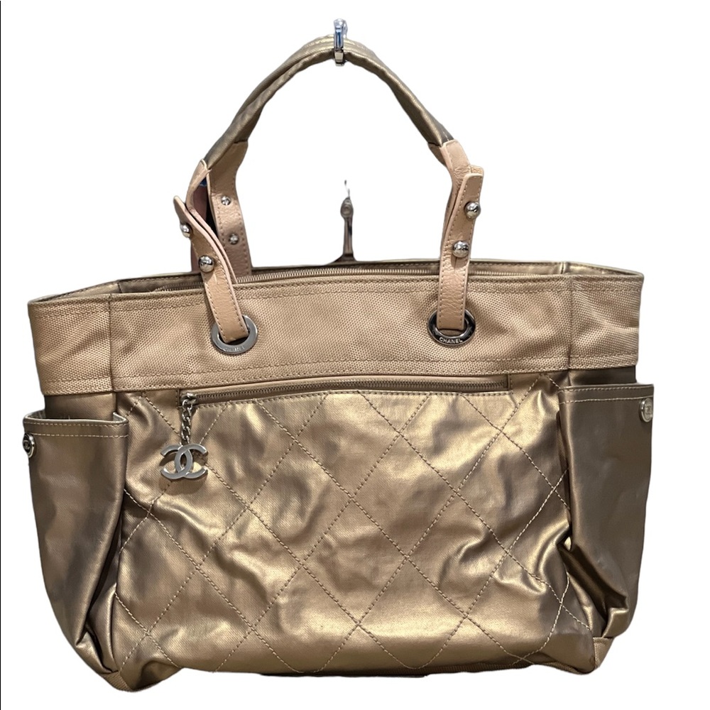Authentic Chanel Biarritz  Tote Bag  Gold Coated Canvas Used Condition